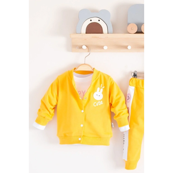 Cute Funny Desenli Kapişonlu Pamuklu 3lü Kız Bebek Takımı