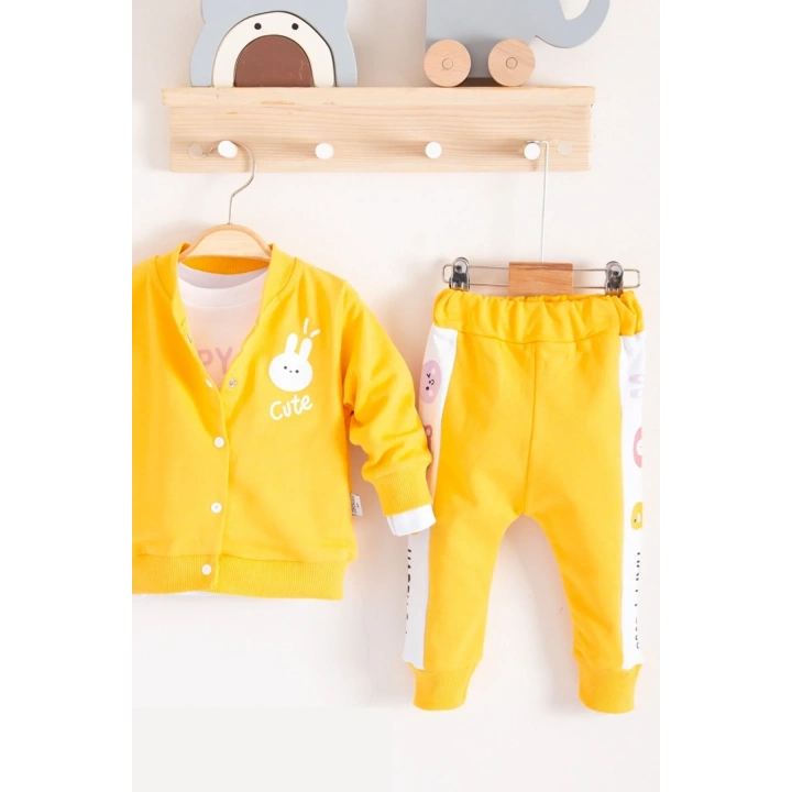 Cute Funny Desenli Kapişonlu Pamuklu 3lü Kız Bebek Takımı