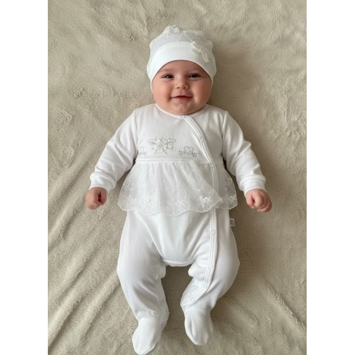 Dantelli Çiçek Nakışlı Kız Bebek Tulum %100 Pamuk