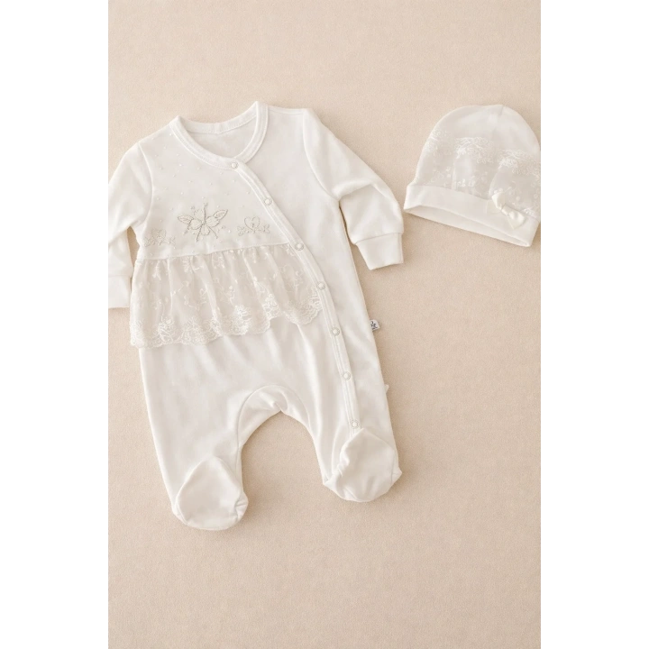 Dantelli Çiçek Nakışlı Kız Bebek Tulum %100 Pamuk