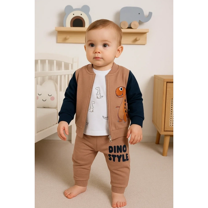 Dinazor Desenli Hırkalı 3lü Erkek Bebek Takım