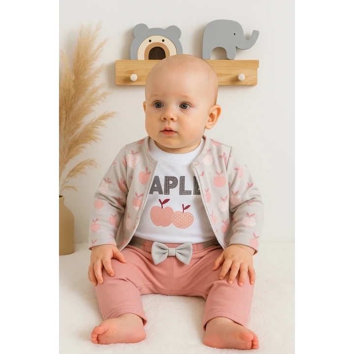 Elma Desenli Ceketli 3lü Kız Bebek Takımı