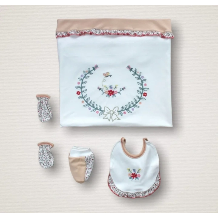 Erguvan Taç Nakışlı  Kız Bebek 10lu Zıbın Takımı Hastane Çıkışı Nar Çiçeği