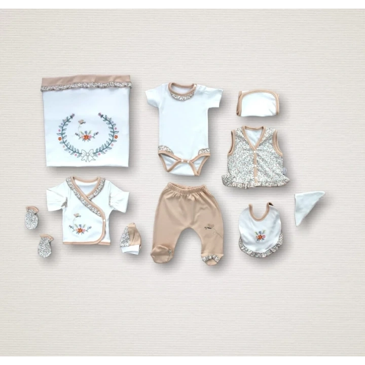 Erguvan Taç Nakışlı  Kız Bebek 10lu Zıbın Takımı Hastane Çıkışı Turuncu