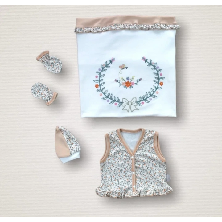 Erguvan Taç Nakışlı  Kız Bebek 10lu Zıbın Takımı Hastane Çıkışı Turuncu