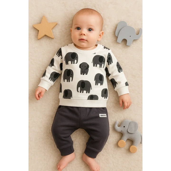 Fil Desenli 2li % 100 Pamuk Erkek Bebek Takımı