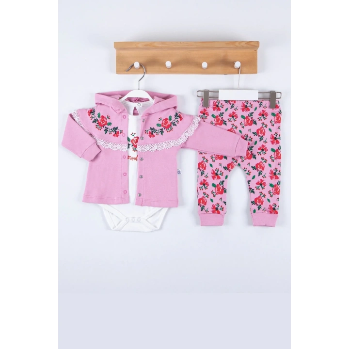 Flover Nakışlı Hırkalı % 100 Pamuk 3lü Kız Takım