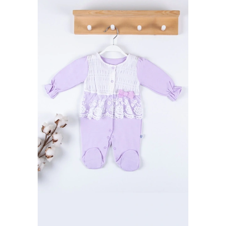 Gofralı Fransız Güpürlü % 100 Pamuk Kız Bebek Tulumu