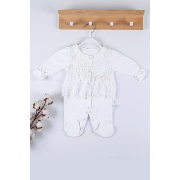 Gofralı Fransız Güpürlü % 100 Pamuk Kız Bebek Tulumu