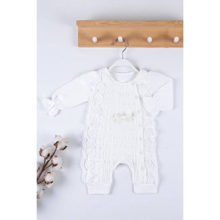 Gofralı Fransız Güpürlü % 100 Pamuk Kız Bebek Tulumu