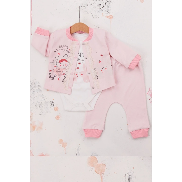 Happy Dancing Desenli 3lü Hırkalı Kız Bebek Takım