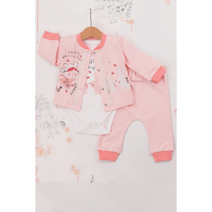 Happy Dancing Desenli 3lü Hırkalı Kız Bebek Takım