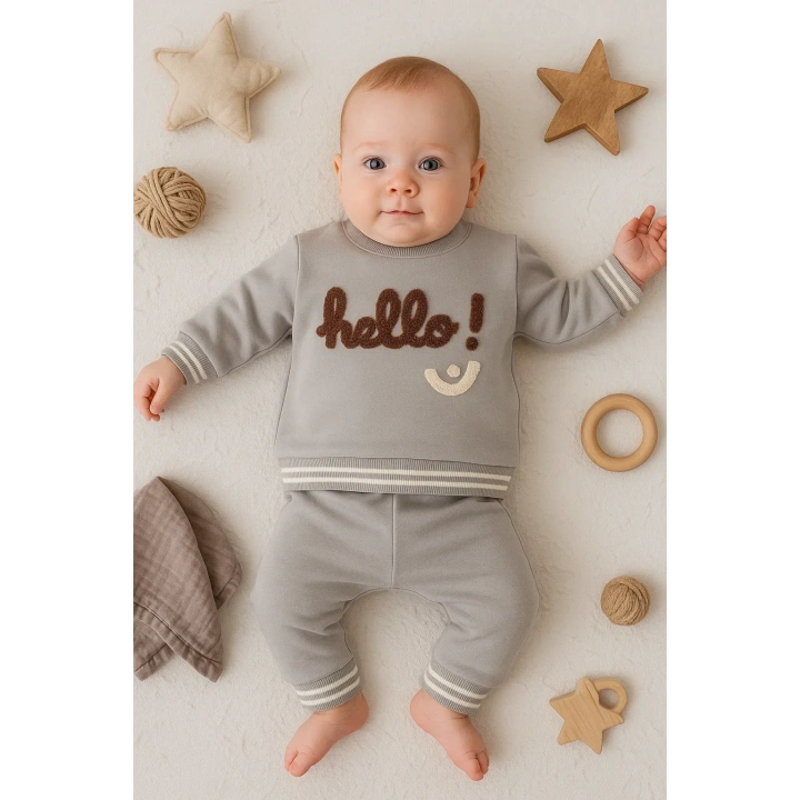 Hello Nakışlı % 100 Pamuk 2li Erkek Bebek Takım