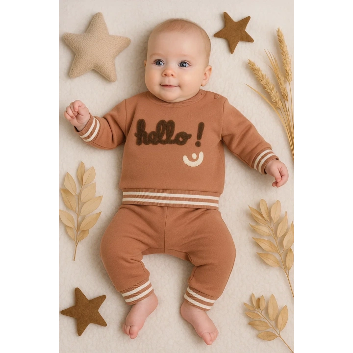 Hello Nakışlı % 100 Pamuk 2li Erkek Bebek Takım