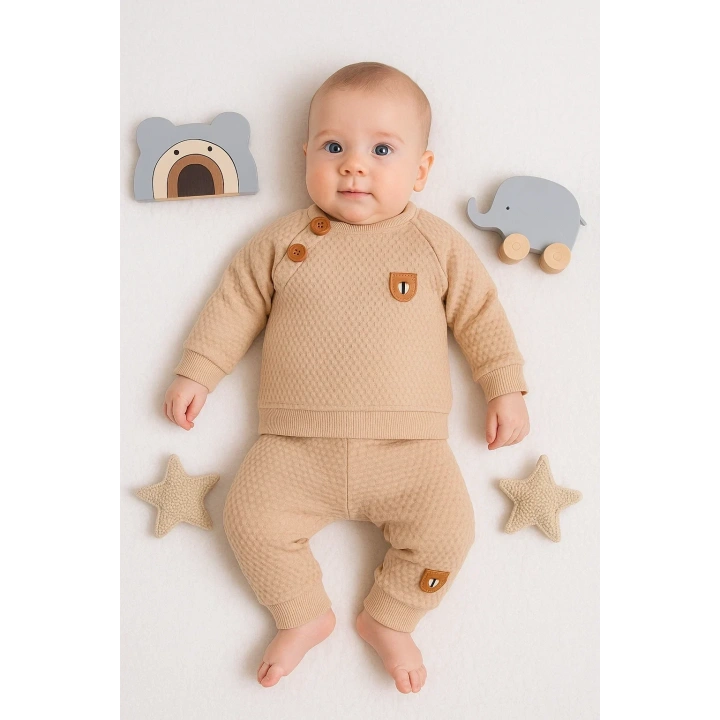 Jakarlı Omuzdan Düğmeli 2li Erkek Bebek Takımı