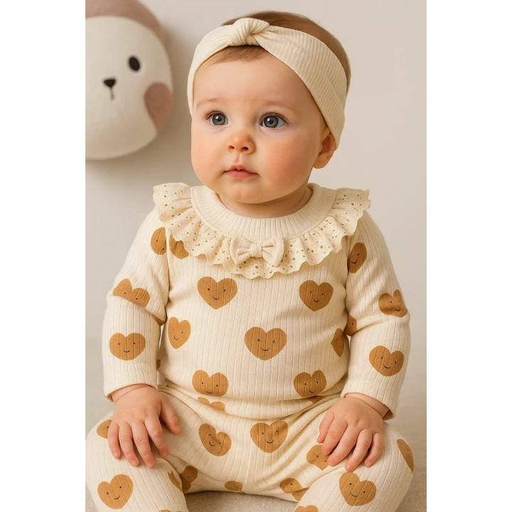 Kalp Baskılı Fisto Yaka 3 Parça Kız Bebek Takımı %100 Pamuk