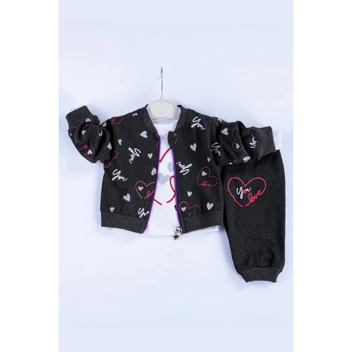 Kalp Desenli Hırkalı Pamuklu 3lü Kız Bebek Takımı