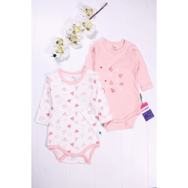 Kalp Desenli Uzun Kol 2li Kız Bebek Body Seti