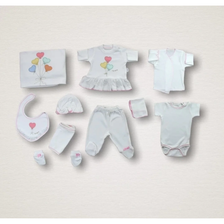 Kalpli Uçan Balon Nakışlı  10lu Zıbın Takımı Hastane Çıkışı Ekru