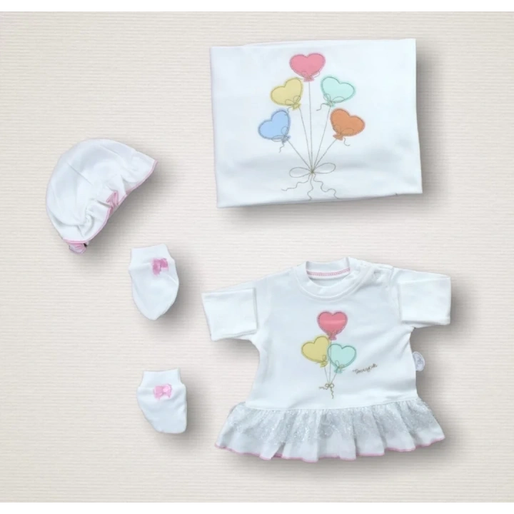 Kalpli Uçan Balon Nakışlı  10lu Zıbın Takımı Hastane Çıkışı Ekru