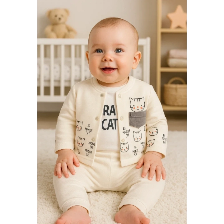 Kedi Desenli 3lü Hırkalı Kız Bebek Takım