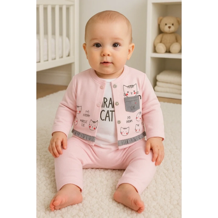 Kedi Desenli 3lü Hırkalı Kız Bebek Takım