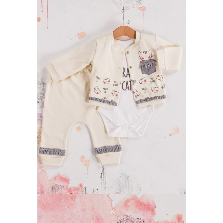 Kedi Desenli 3lü Hırkalı Kız Bebek Takım