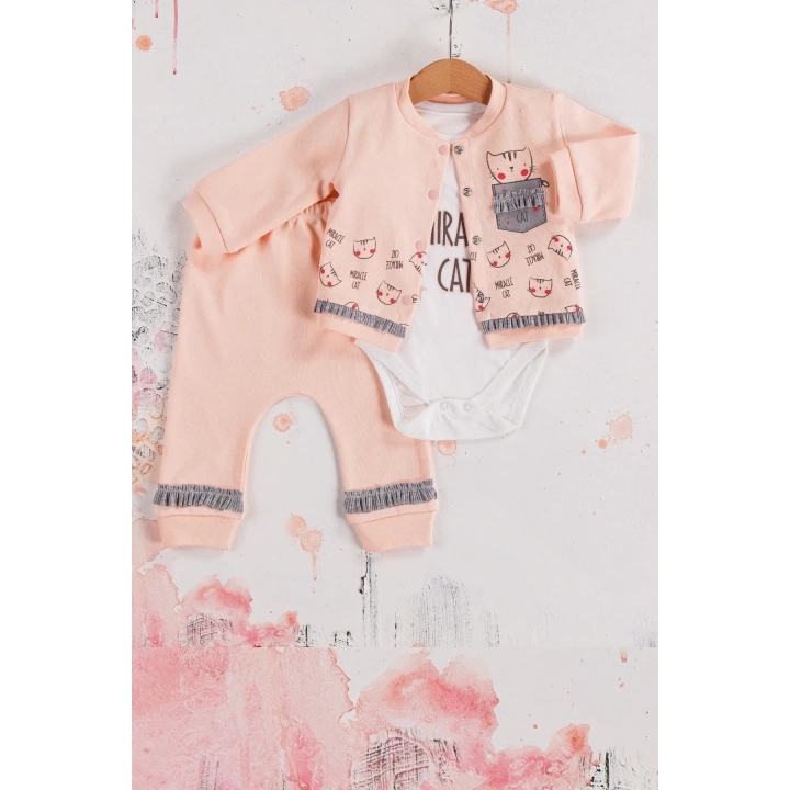 Kedi Desenli 3lü Hırkalı Kız Bebek Takım