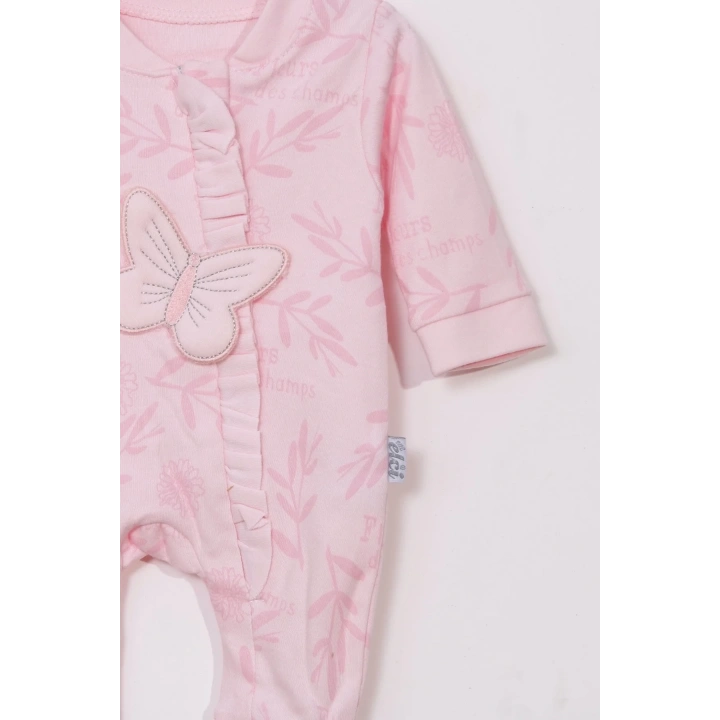 Kelebek Nakışlı % 100 Pamuk Ayaklı Kız Bebek Tulumu