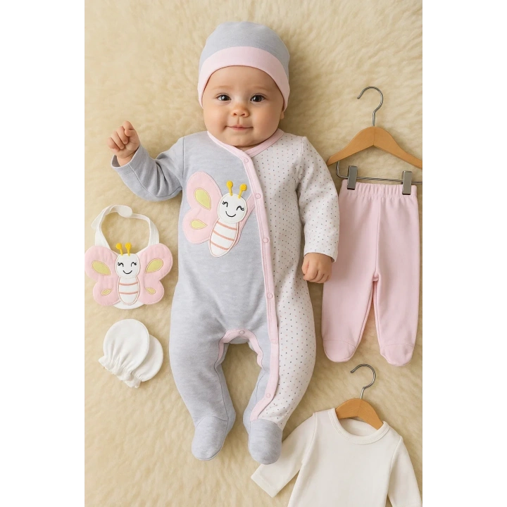 Kelebek Nakışlı Tulumlu % 100 Pamuk Kız Bebek 5li Set