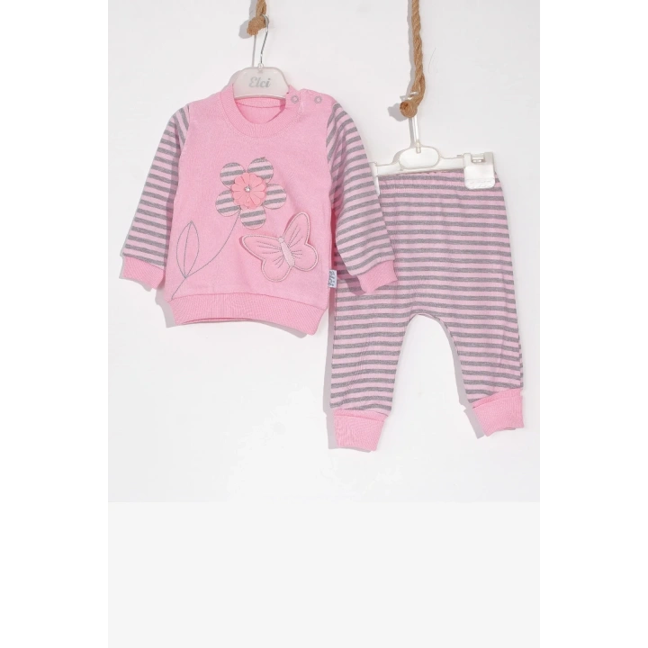 Kelebekli Çiçek Nakışlı Pamuklu 2li Kız Bebek Takımı