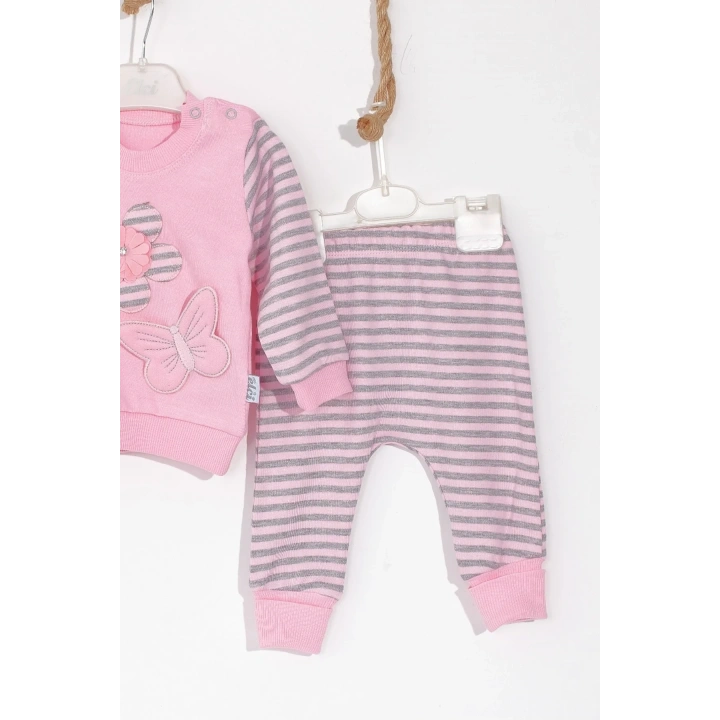 Kelebekli Çiçek Nakışlı Pamuklu 2li Kız Bebek Takımı