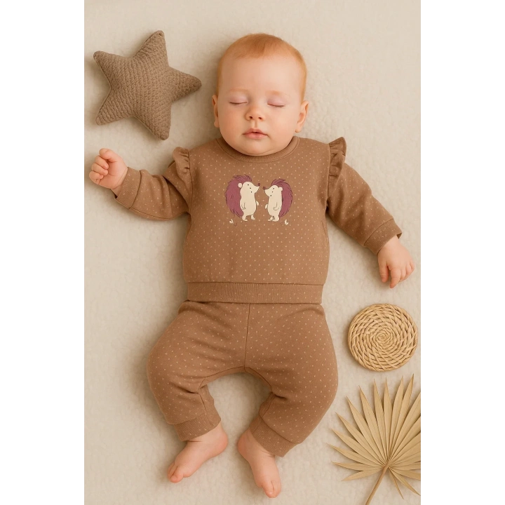 Kirpi Nakışlı % 100 Pamuk 2li Kız Bebek Takım