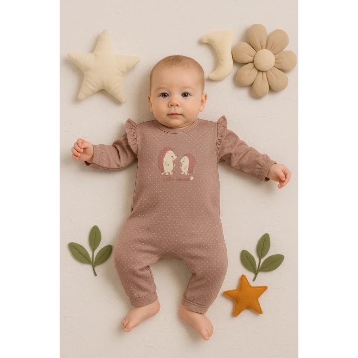 Kirpi Nakışlı % 100 Pamuk Kız Bebek Tulum