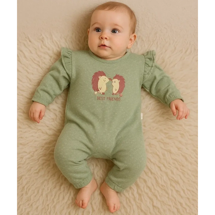 Kirpi Nakışlı % 100 Pamuk Kız Bebek Tulum