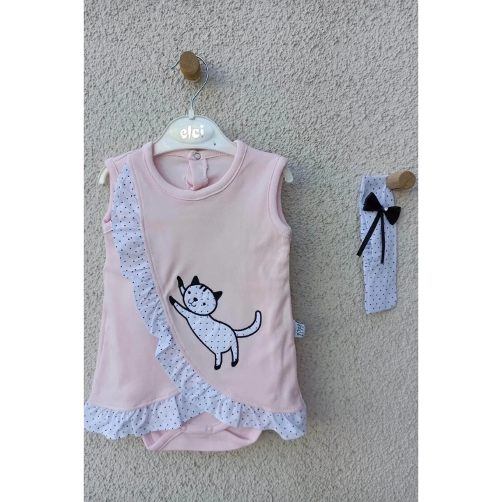 Kız Bebek Pembe Kedili Fırfırlı Bandanalı Badi
