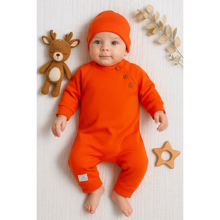 Kollu Düğme Detaylı Unısex Bebek Tulumu