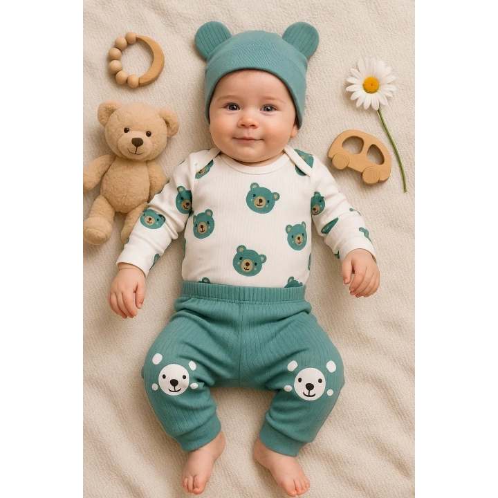 Kulaklı Ayıcık % 100 Pamuk 3lü Erkek Bebek Takım