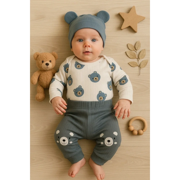 Kulaklı Ayıcık % 100 Pamuk 3lü Erkek Bebek Takım