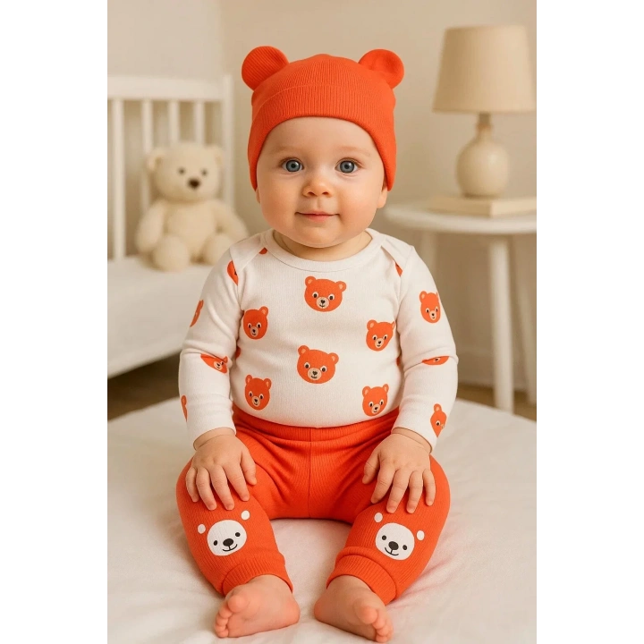 Kulaklı Ayıcık % 100 Pamuk 3lü Erkek Bebek Takım