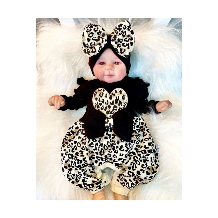 Leopar Desenli Fiyonklu % 100 Pamuk Kız Bebek Tulum