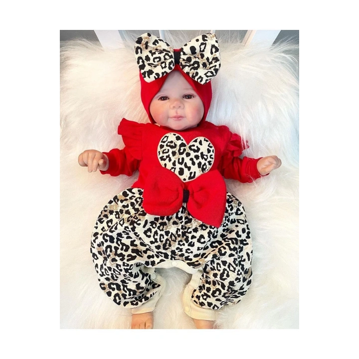 Leopar Desenli Fiyonklu % 100 Pamuk Kız Bebek Tulum