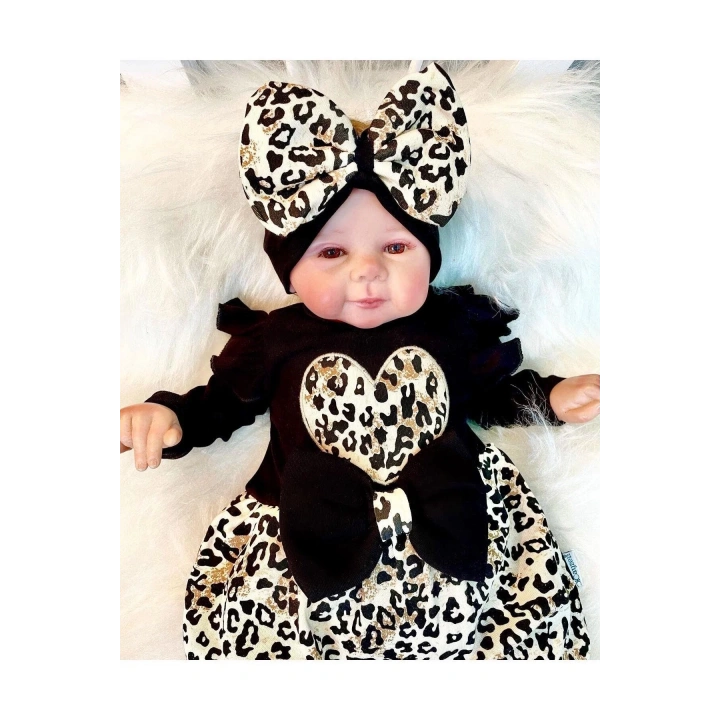 Leopar Desenli Fiyonklu % 100 Pamuk Kız Bebek Tulum