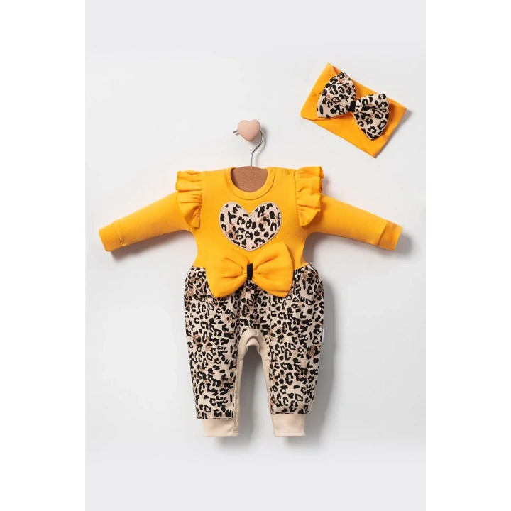 Leopar Desenli Fiyonklu % 100 Pamuk Kız Bebek Tulum