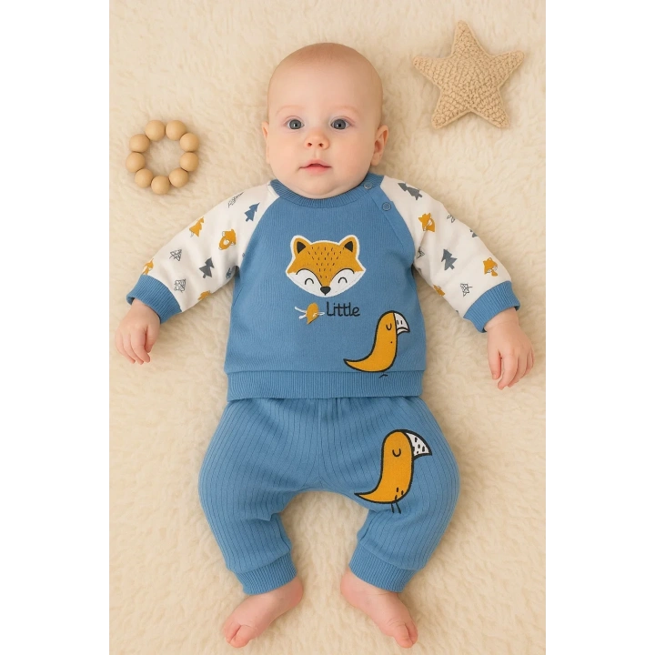 Littie Fox Nakışlı % 100 Pamuklu 2li Erkek Takım