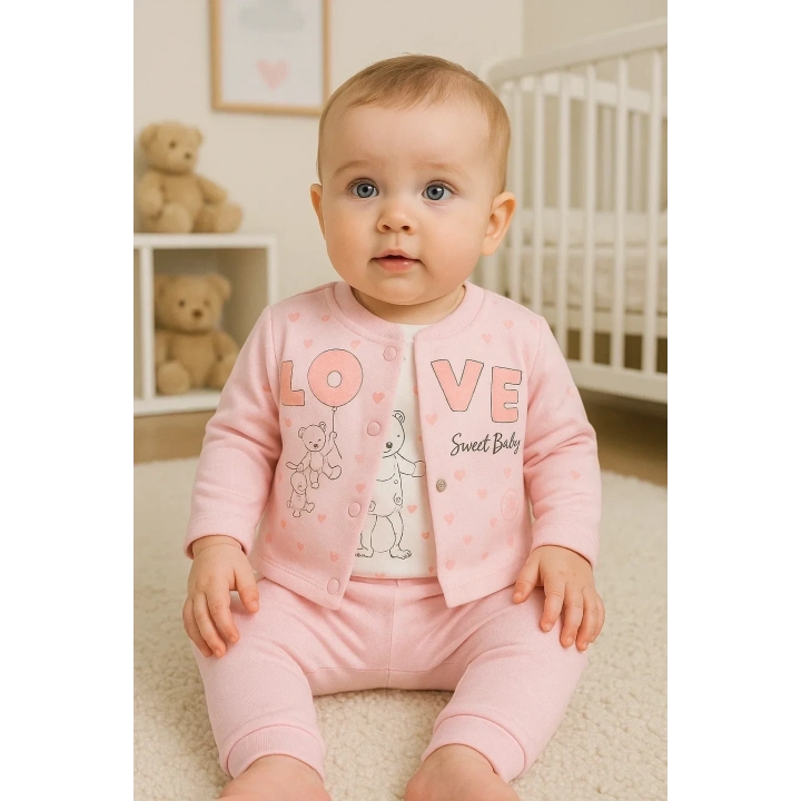 Love Tavşan Desenli Kol Detaylı 3lü Hırkalı Kız Bebek Takım