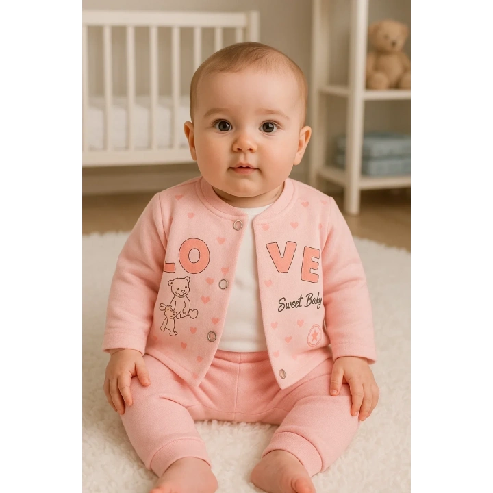 Love Tavşan Desenli Kol Detaylı 3lü Hırkalı Kız Bebek Takım