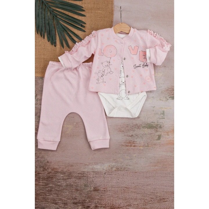 Love Tavşan Desenli Kol Detaylı 3lü Hırkalı Kız Bebek Takım