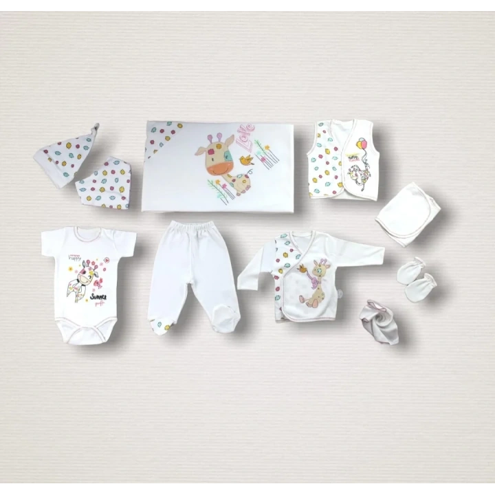 Love Zürafa Nakışlı  10lu Zıbın Takımı Hastane Çıkışı Ekru