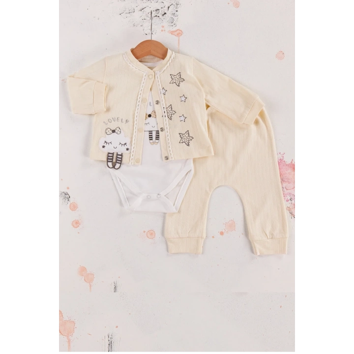 Lovely Yıldız Desenli 3lü Hırkalı Kız Bebek Takım